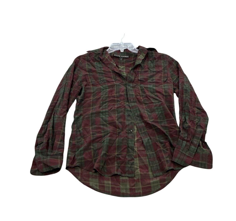 Ralph Lauren 100% Silk Plaid Shirt 2 Burgundy Olive Western Button Down Blouse
